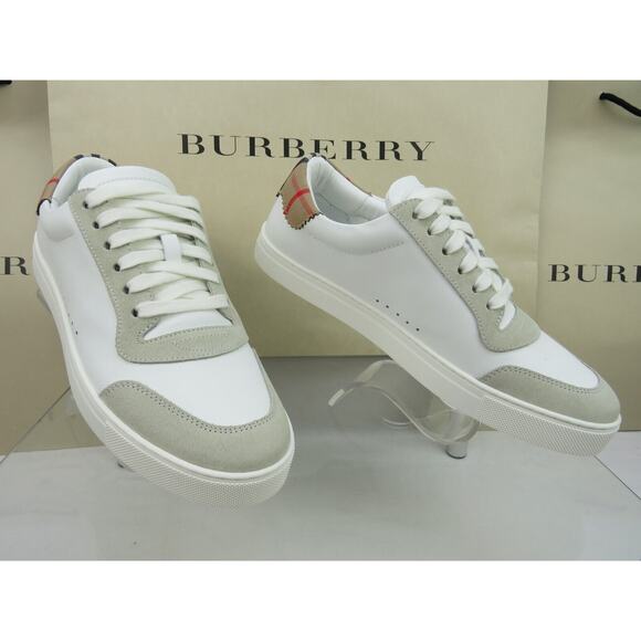 NIB BURBERRY ROBIN WHITE BEIGE CHECK LEATHER LOW LOGO SNEAKERS US 7 40 IT $870 - Picture 7 of 13